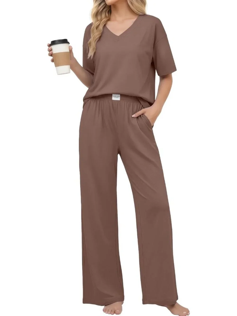 Women's Brown Cotton Short Sleeve Sleepwear Pant Pockets Pajama Set